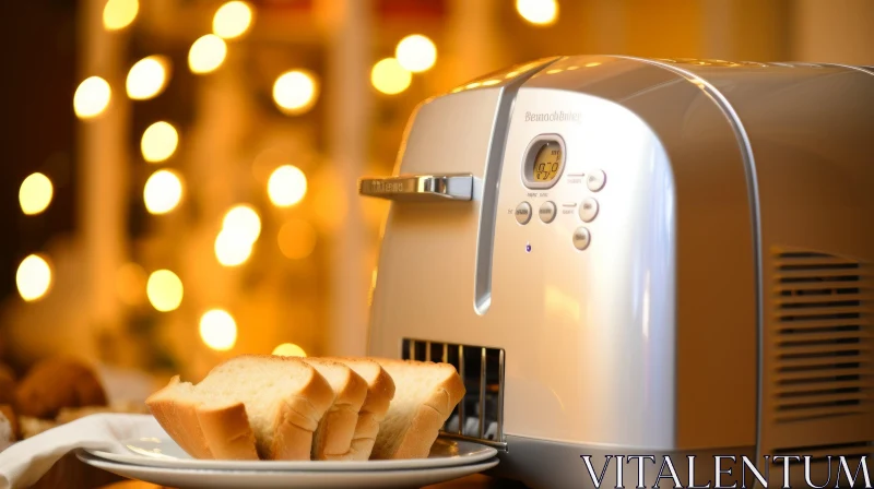 Silver Toaster with Digital Display and Bread Stack on Wooden Table AI Image