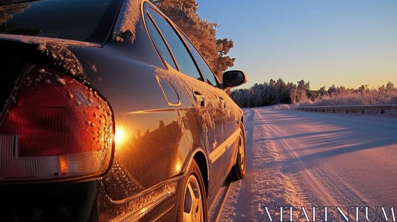 Snowy Road Car Sunset Nature Scene AI Image