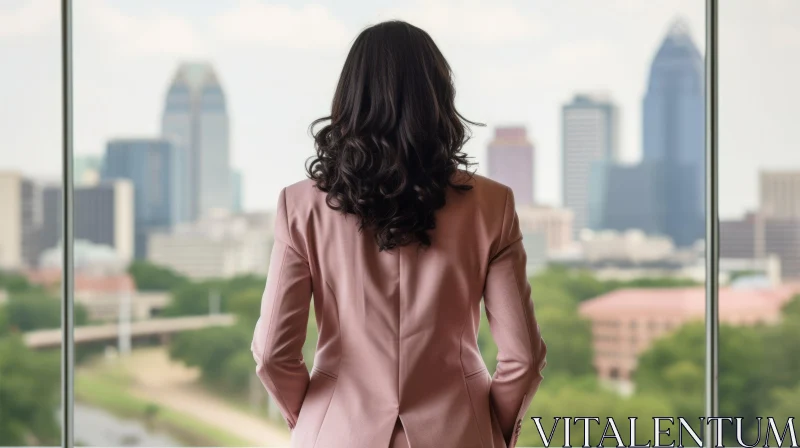 Urban Professional Woman in Pink Suit | Cityscape View AI Image