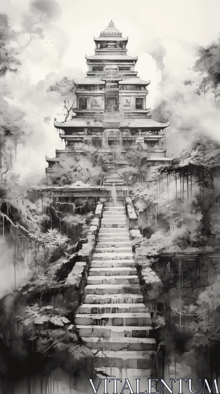 Captivating Black and White Image of an Ancient Japanese Building AI Image