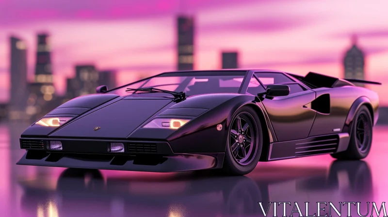 Black Lamborghini Countach at Sunset in City | Realistic 3D Rendering AI Image