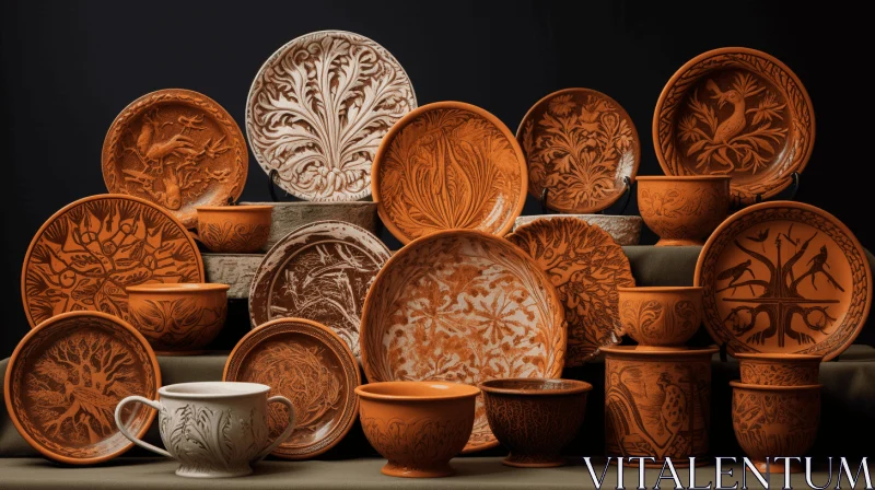 Exquisite Clay Dishes: Intricate Designs and Warm Tones AI Image