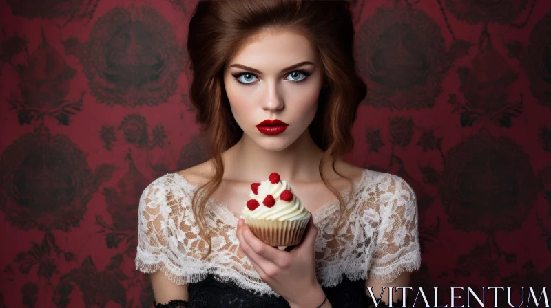 Serious young woman holding a cupcake on a red floral background AI Image