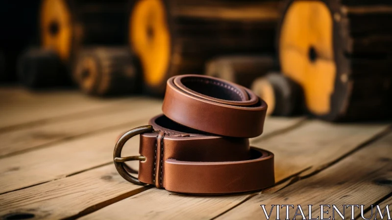 Brown Leather Belt Close-Up on Wooden Table AI Image