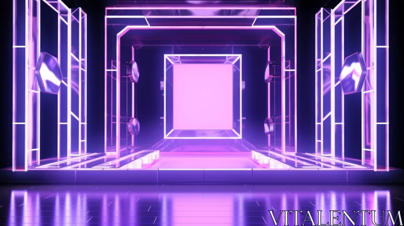 Empty Purple Stage with Glowing Neon Lights - Futuristic 3D Rendering AI Image