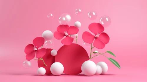Pink Flowers 3D Rendering on Podium