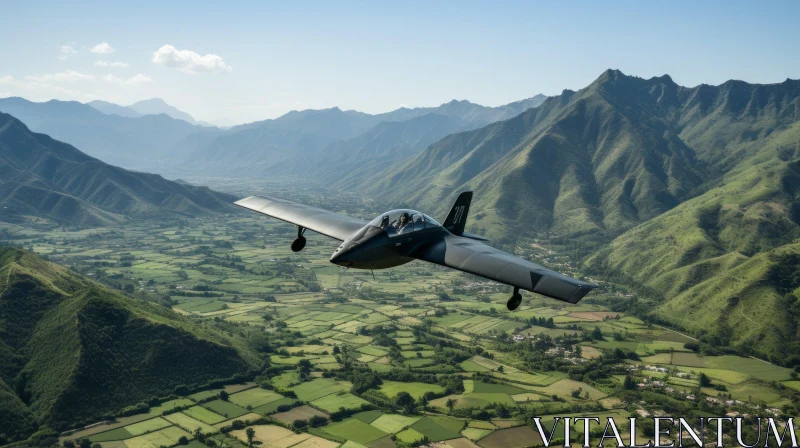 Black Airplane Flying Over Mountainous Landscape AI Image