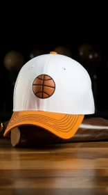 White and Orange Baseball Cap with Embroidered Basketball