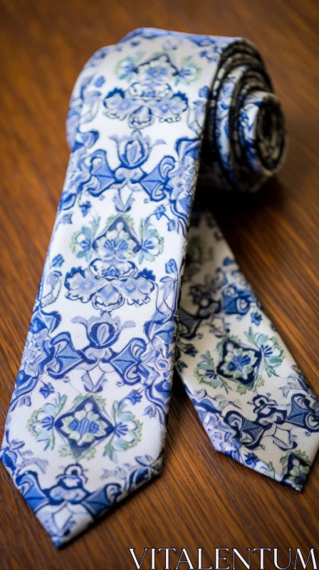 Elegant Blue and White Floral Patterned Tie on Wooden Table AI Image