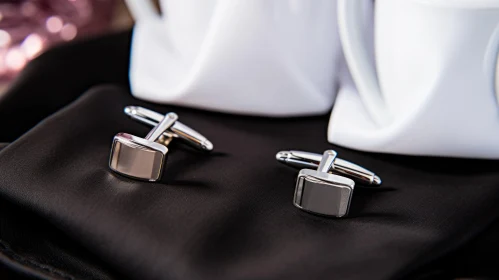 Elegant Silver Cufflinks on Black Silk Background