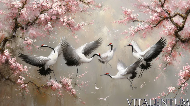 Graceful Cranes Painting in Misty Forest AI Image