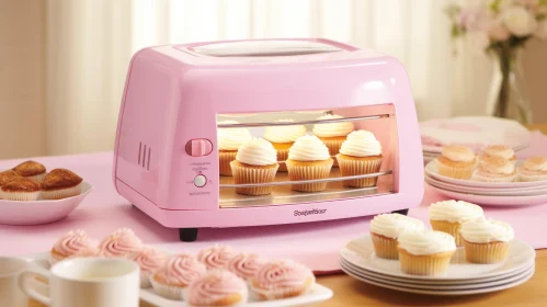 Pink Cupcake Maker with Frosted Cupcakes on Pink Table