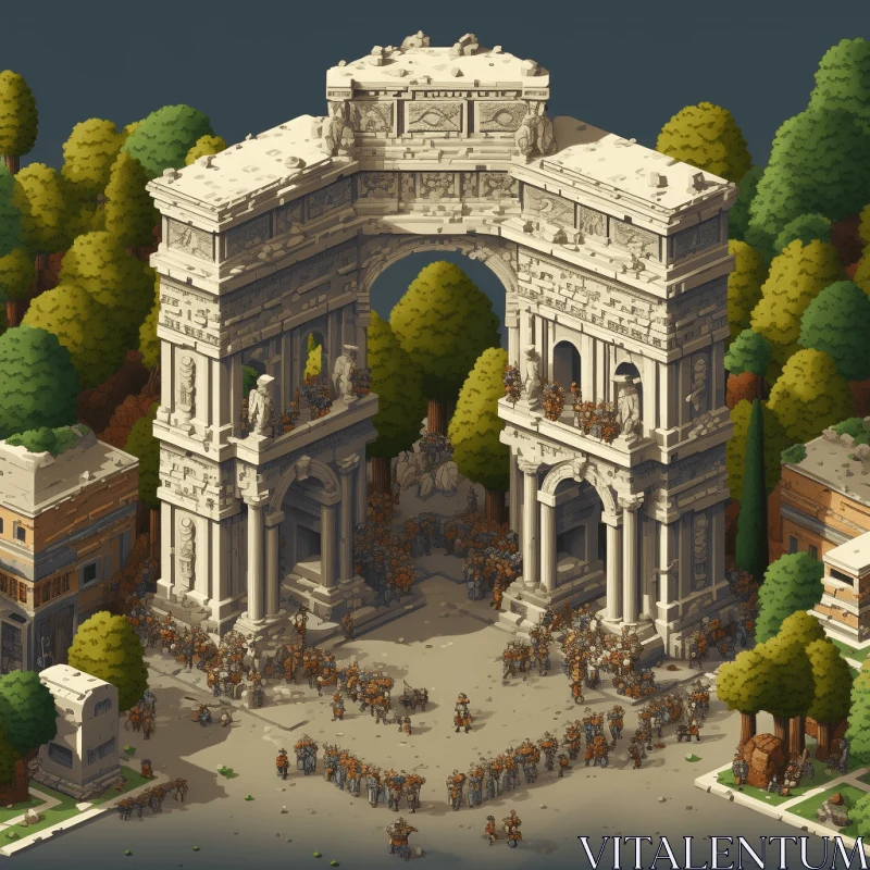 Pixel Art Illustration of an Ancient City with Arched Doorways AI Image