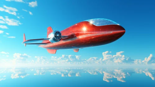 Red Futuristic Airplane Flying Above Clouds