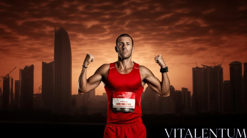 AI ART Triumphant Male Runner in Red Singlet at City Sunset