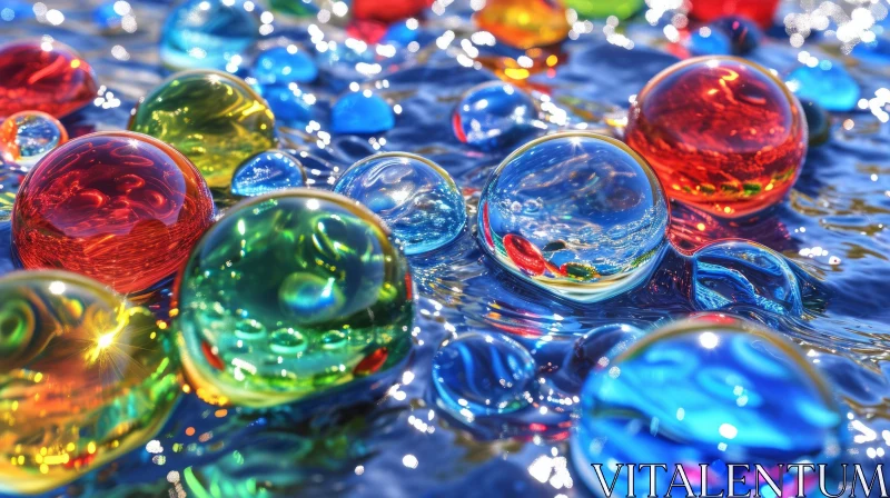 Colorful Glass Balls Floating on Water AI Image