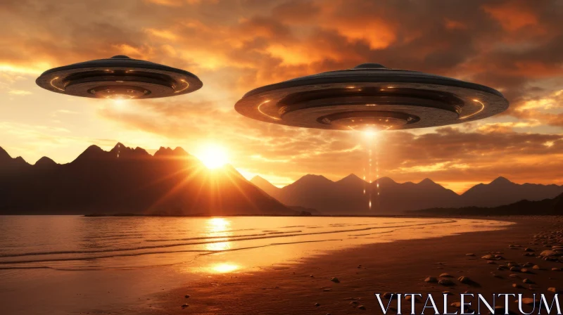Enigmatic UFO Encounter at Beach Sunset AI Image