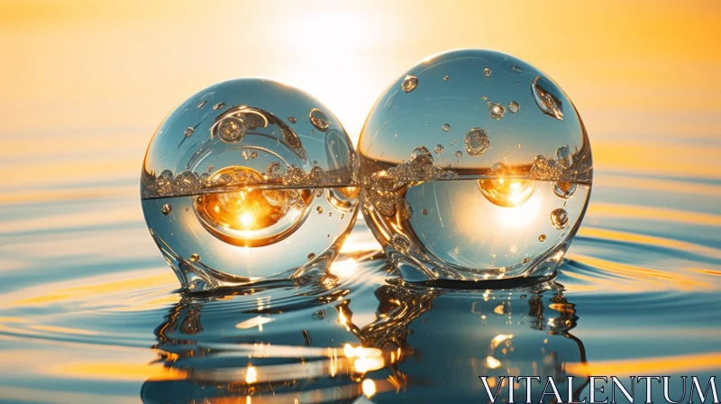 Glass Spheres Floating on Calm Water - Serene Nature Image AI Image