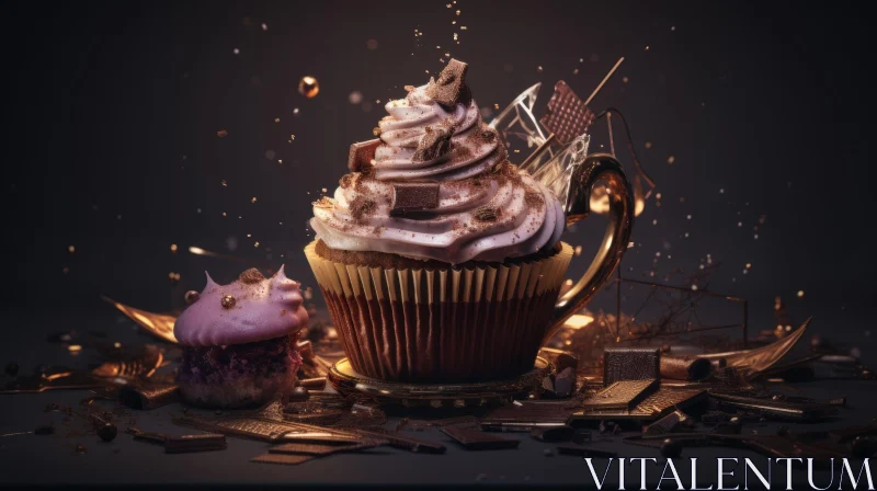 Dark and Dramatic Cupcake Still Life in Golden Cup AI Image