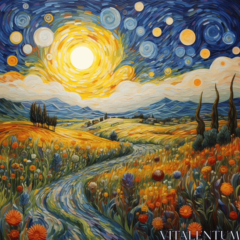 Enchanting Painting of Sunflowers under the Stars and Moon AI Image