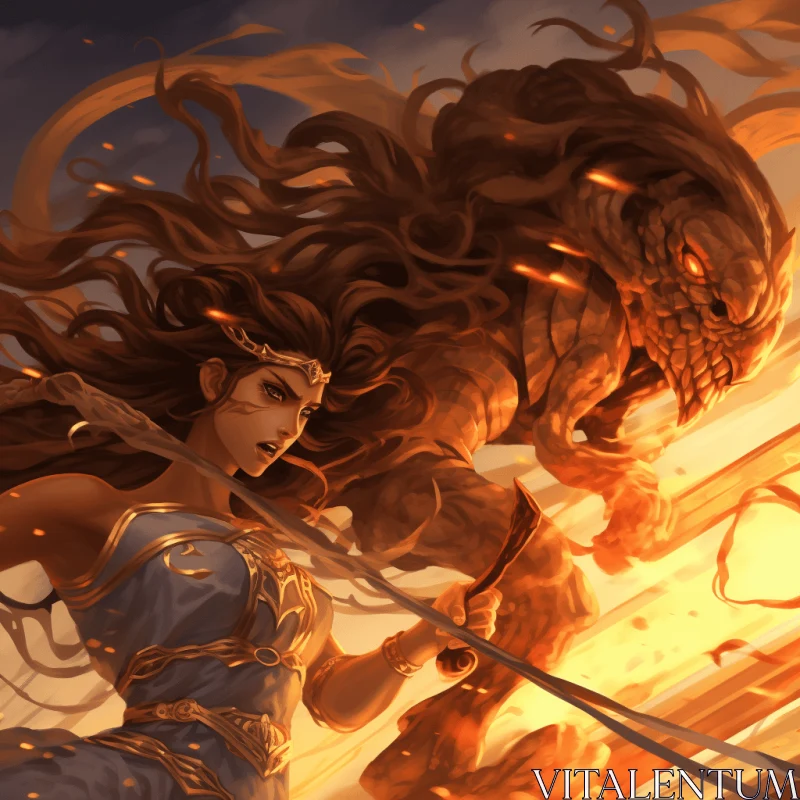 Epic Battle of a Woman and a Monster - Stunning Fantasy Artwork AI Image