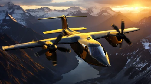 Futuristic Aircraft Flying Over Mountain Landscape at Sunset