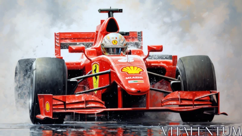 Red Formula 1 Racing Car Speeding on Wet Track AI Image
