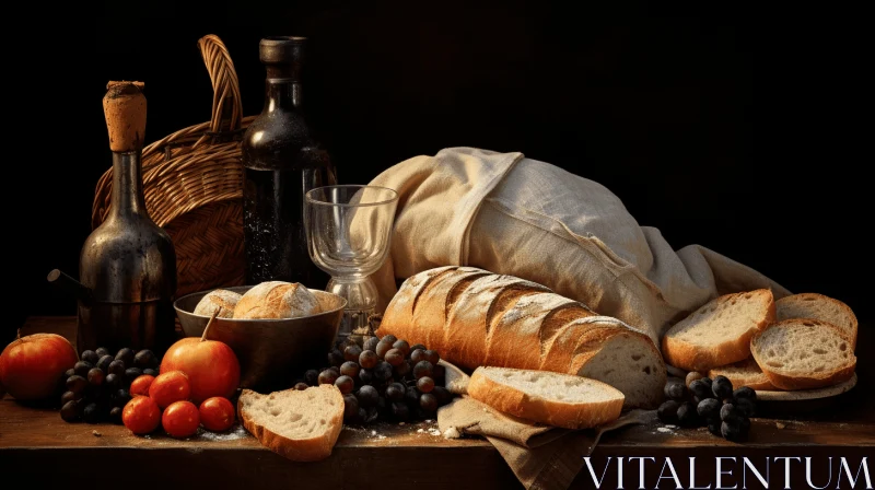 Captivating Still Life: Bread, Grapes, and Olives on a Rustic Table AI Image