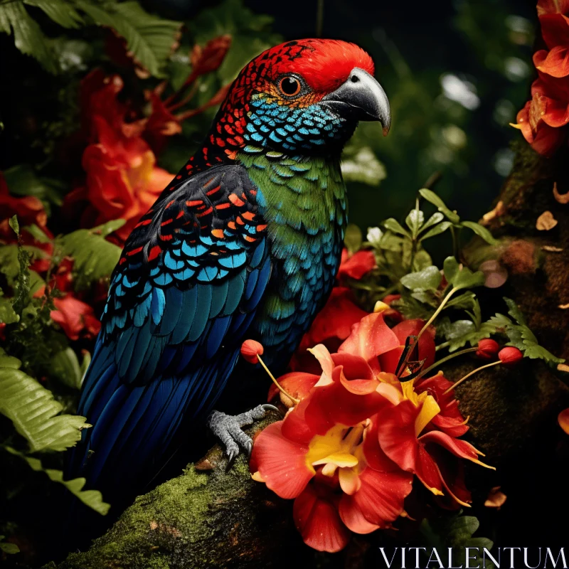 Colorful Bird on Flower Branch: Mysterious Jungle Portrait AI Image