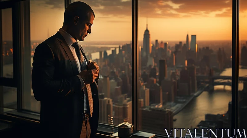 Man in Dark Suit Looking Out Cityscape Window at Sunset AI Image