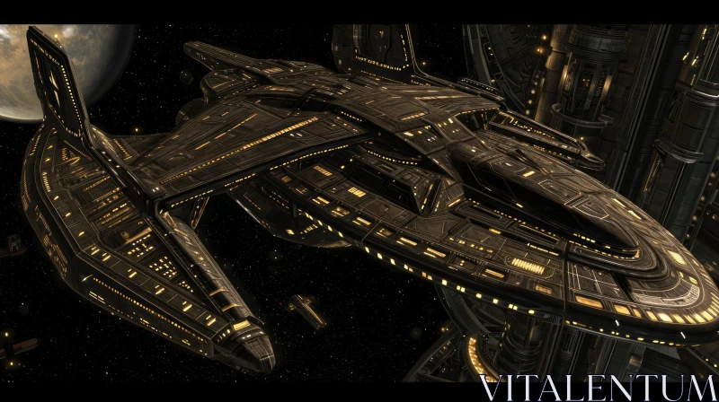 Sleek Black Spaceship in Space with Glowing Details AI Image