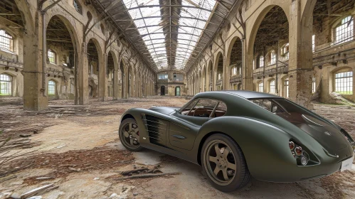 Dark Green Classic Car in Abandoned Brick Factory