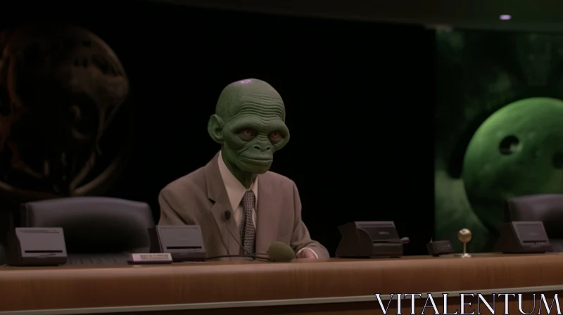 AI ART Green Alien in Suit at Conference Room Desk