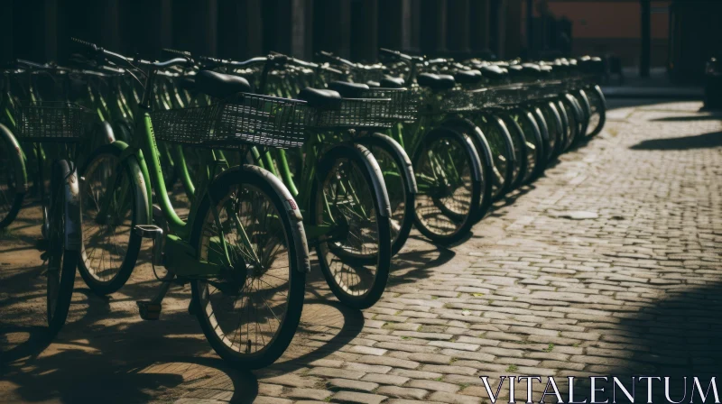 Green Bicycles on Cobblestone Street - Unique Perspective AI Image