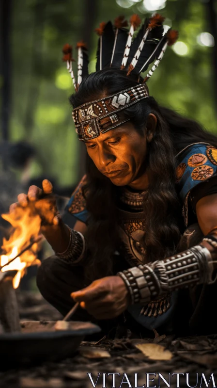 Native American Man Lighting Campfire | Mayan Art Inspired AI Image