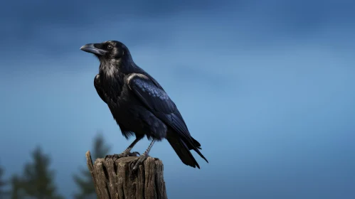 Black Raven on Weathered Tree Stump in Blue Sky