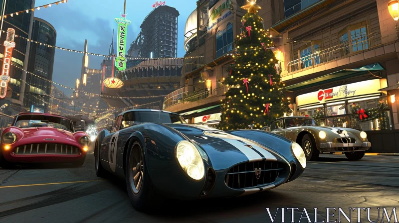 AI ART City Street Night Scene with Christmas Tree and Cars