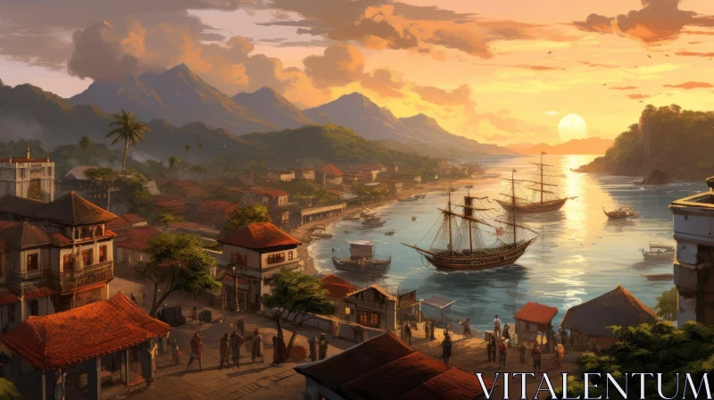 Bustling Harbor Town Painting with Mountain Backdrop AI Image
