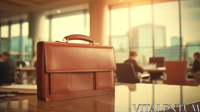 Elegant Brown Leather Briefcase on Wooden Table AI Image