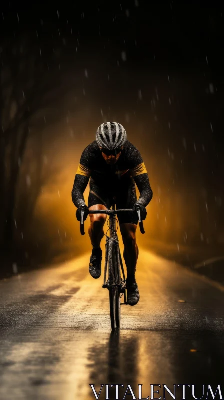 Night Cyclist on Wet Road AI Image