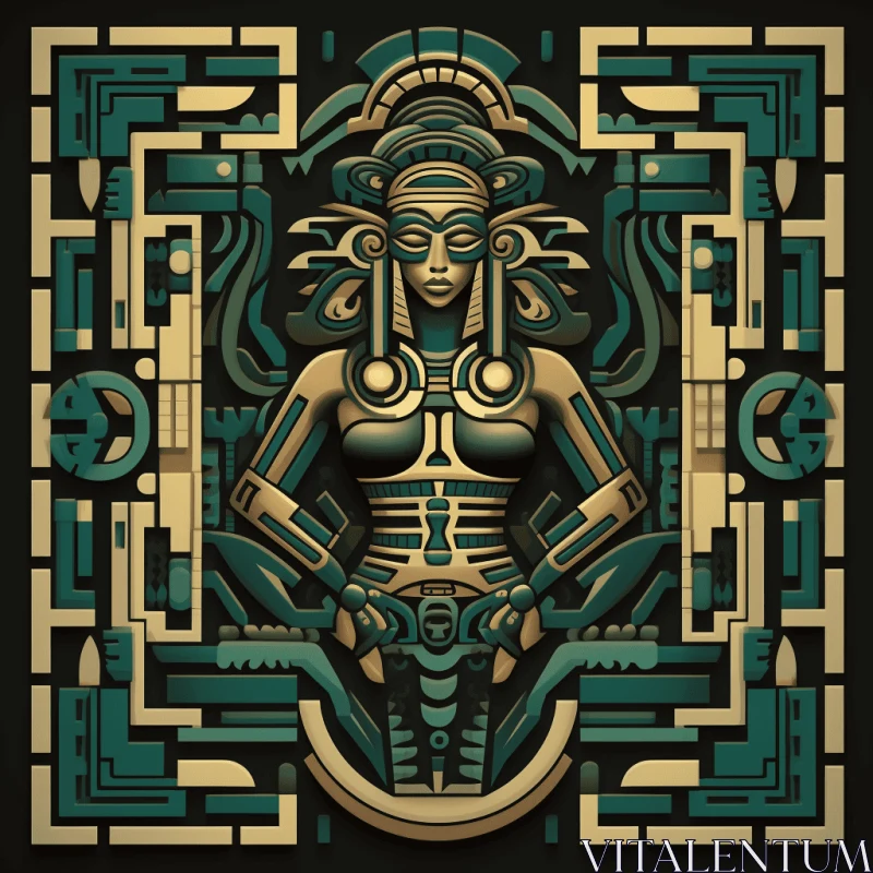 Futurist Aztec Goddess on Gold and Green Background AI Image