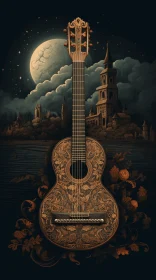 Moonlit Guitar: Victorian-Inspired Illustration with Intricate Woodwork
