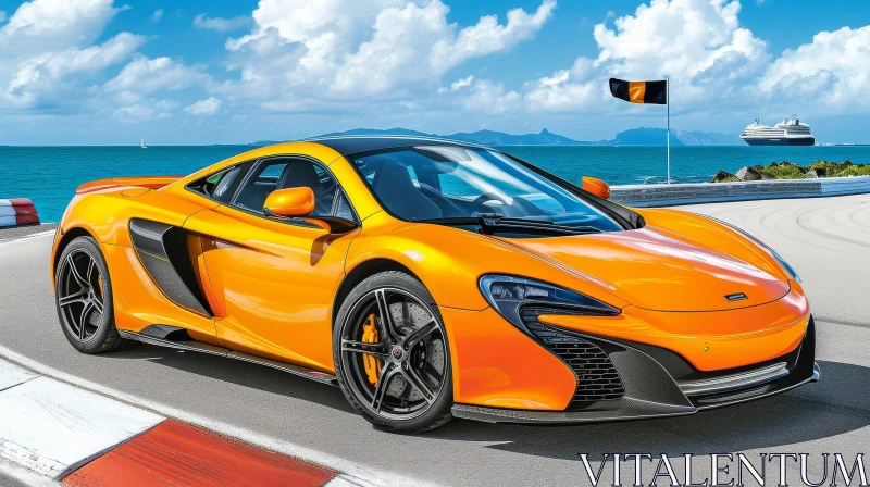 Yellow McLaren 650S on Road with Ocean and Mountains AI Image