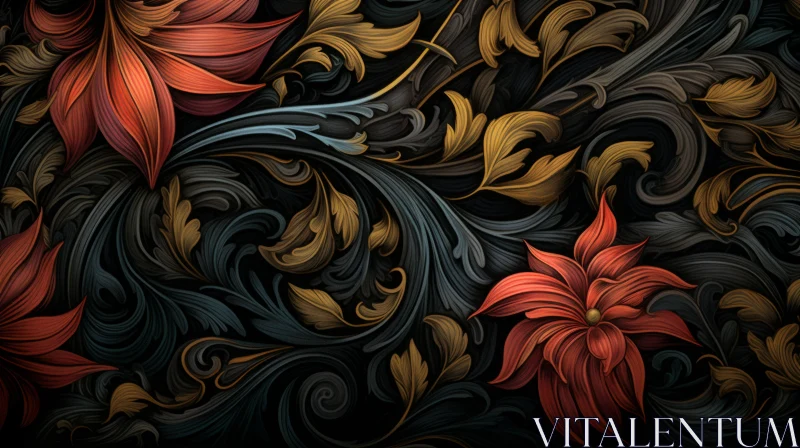 Dark Floral Pattern with Red, Orange, and Yellow Flowers AI Image