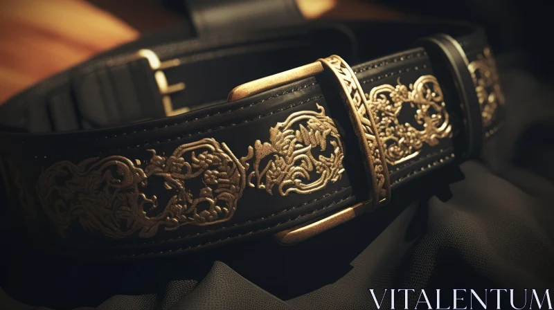 Intricate Black Leather Belt with Gold Celtic Knotwork Designs AI Image