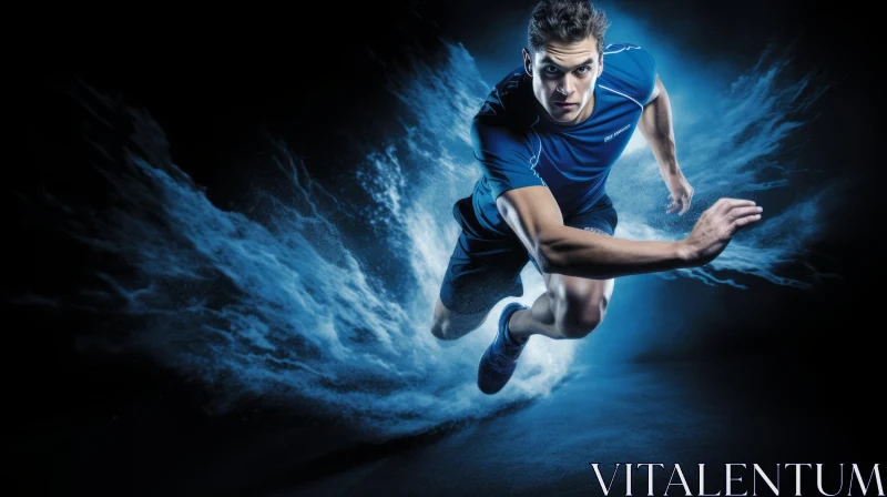 Dynamic Athlete in Blue Sportswear Running AI Image