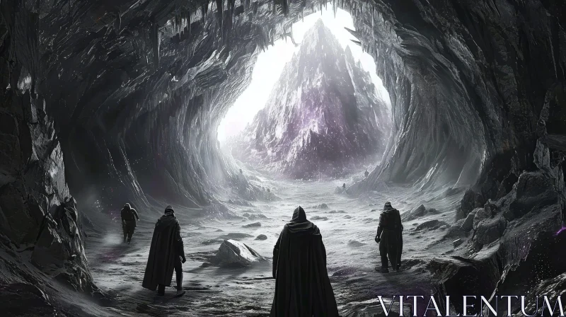 Enigmatic Cave Scene with Cloaked Figures AI Image