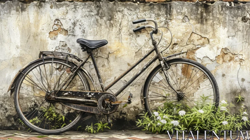 Rusty Bicycle Against Weathered Wall Urban Decay Scene AI Image