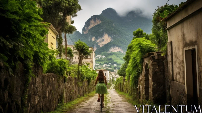 Woman Riding Bicycle in Italian Town AI Image