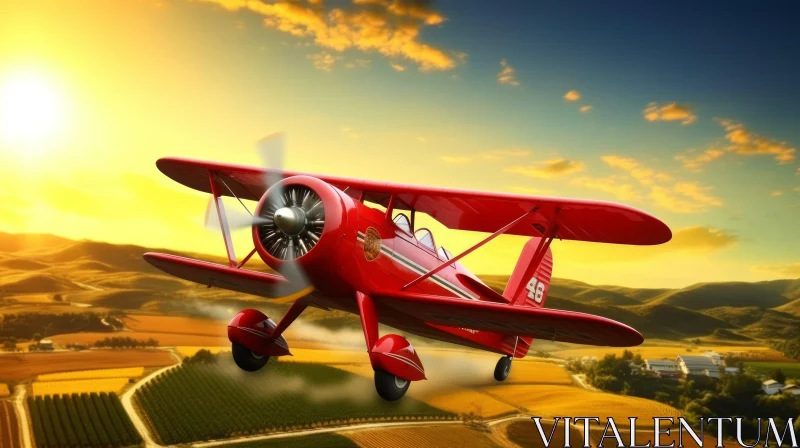 Red Biplane Flying Over Rural Landscape at Sunset AI Image